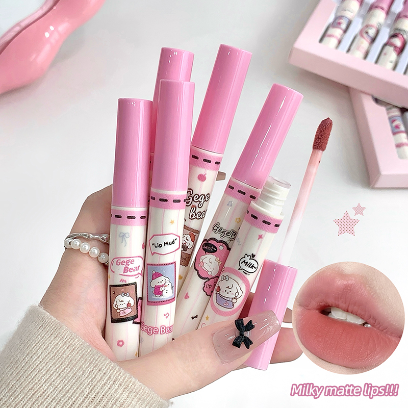 Matte Velvet Lip Tint Long Lasting - ชุดลิปสติกเนื้อกำมะหยี่ Gege Bear 6 ชิ้น, ลิปทินท์เนื้อมูสแมตต์นุ่ม,