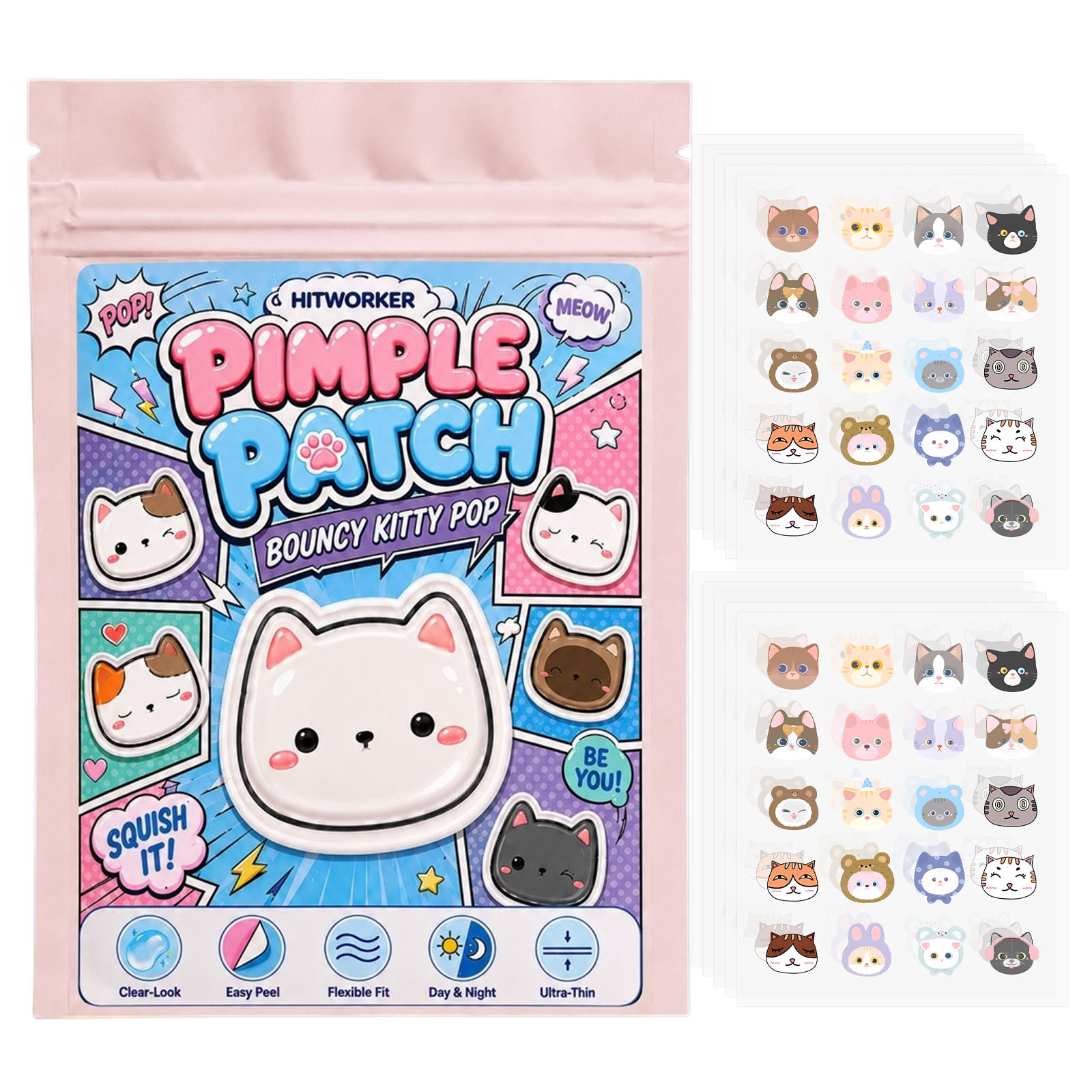 Hydrocolloid Pimple Patch - แผ่นปิดสิวรูปแมวน่ารัก 100 ชิ้น, สติกเกอร์ปิดสิวแบบไฮโดรคอลลอยด์, แผ่นปิดหน้าบางพิเศษ ลอกออกง่าย